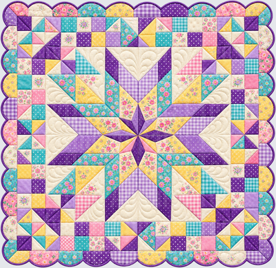 Here are the beginning lines for both a title and description:
Pastel Floral Lone Star Patchwork Quilt Pattern with Scalloped Border in Purple Teal Yellow and Pink