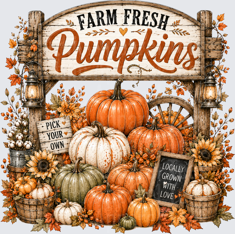Farm Fresh Pumpkins Rustic Fall Harvest Stand with Pick Your Own and Locally Grown With Love Signs Sunflowers Lanterns and Wagon Wheel