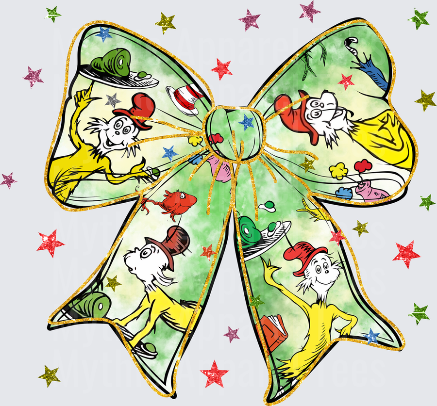 DR Seuss Green Eggs and Ham Characters Gold Glitter Bow