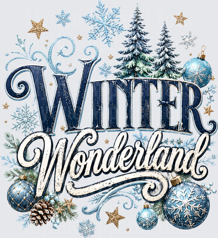 Winter Wonderland Navy Blue and Gold Typography with Snowflakes Pine Trees and Christmas Ornaments