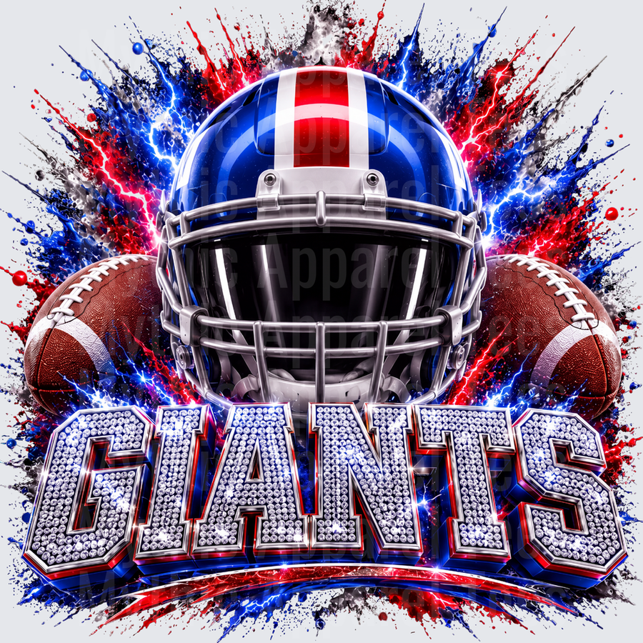 Rhinestone Style NFL New York Giants Blue Red Helmet Dual Football Lightning Splash Bold Bling Lettering