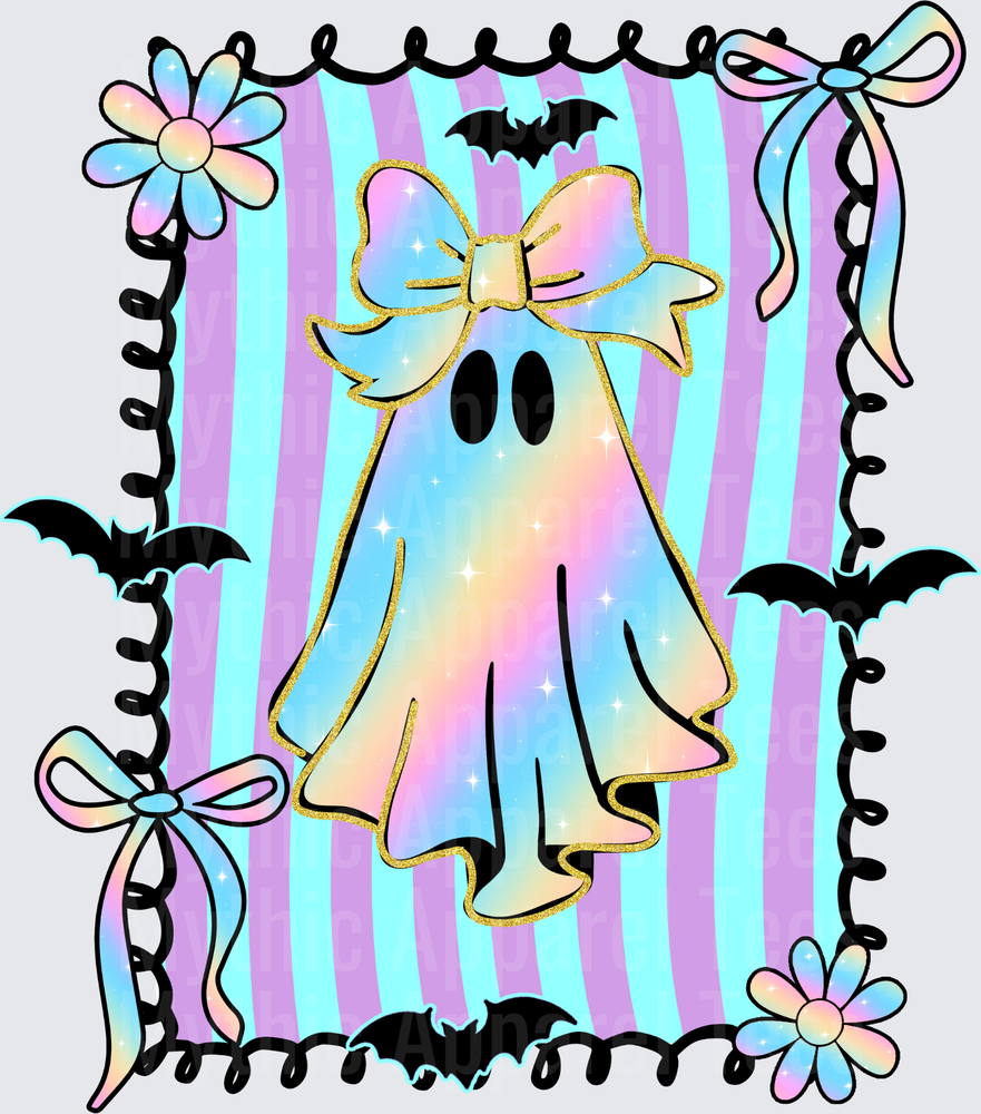 Halloween Pastel Coquette Ghost with Gold Glitter Bow Bats and Daisy Flowers Striped Frame