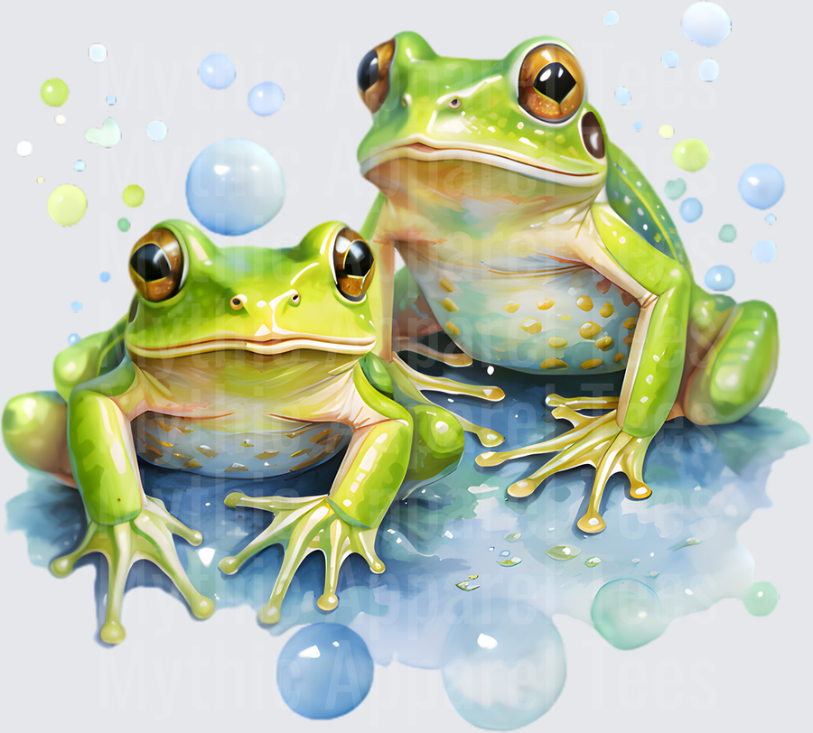 Watercolor Green Tree Frogs Sitting in Blue Water with Floating Bubbles
