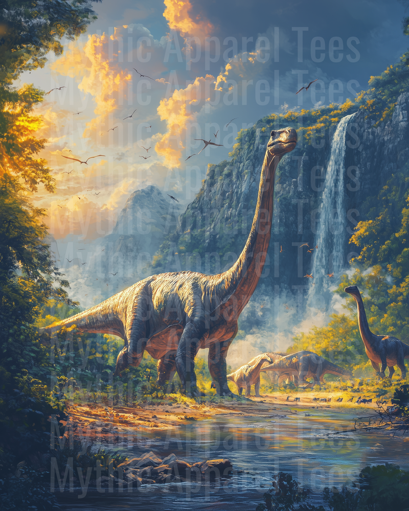 Majestic Brachiosaurus Herd by Cascading Waterfall Prehistoric Jungle Scene with Pterodactyls