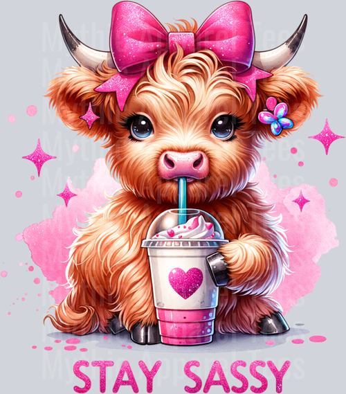 Stay Sassy Highland Cow with coffee and heart DTF Valentines Day Transfers