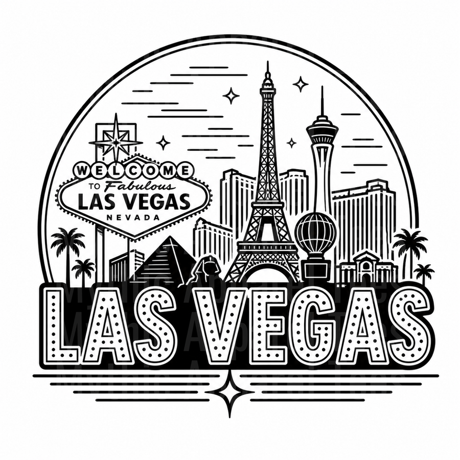 Pro Las Vegas Welcome to Fabulous Las Vegas Nevada Sign Strip Skyline with Eiffel Tower Luxor Pyramid Stratosphere and Marquee Lettering