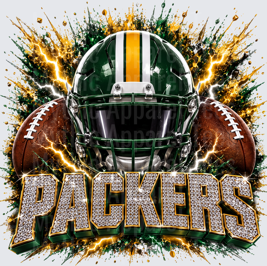 Rhinestone Style NFL Green Bay Packers Bedazzled Diamond Text Helmet Lightning Explosion Green Gold Football Burst Design