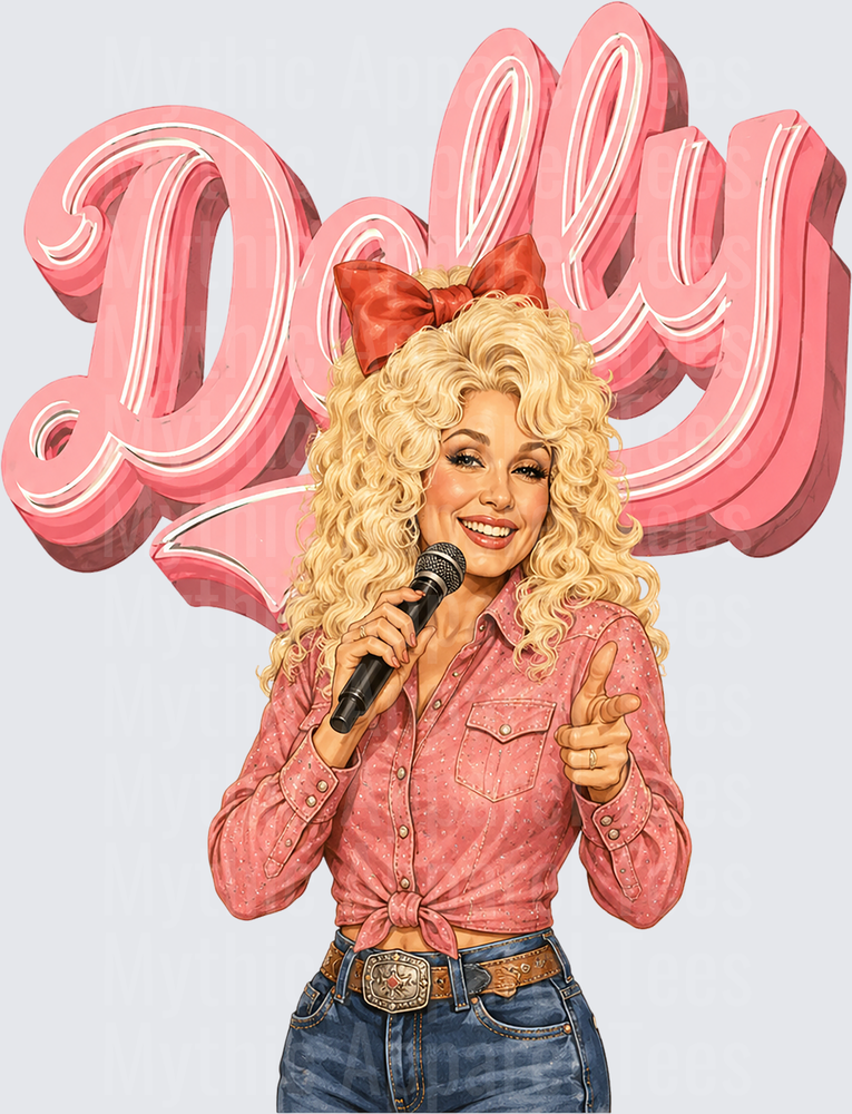Dolly Parton Curly Blonde Hair Red Bow Pink Western Shirt Singing with Microphone Retro Pink Bold Script Lettering Fan Art Design