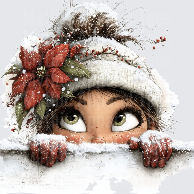 Curious Wide-Eyed Girl Peeking Over Snowy Ledge with Poinsettia Winter Hat and Red Mittens