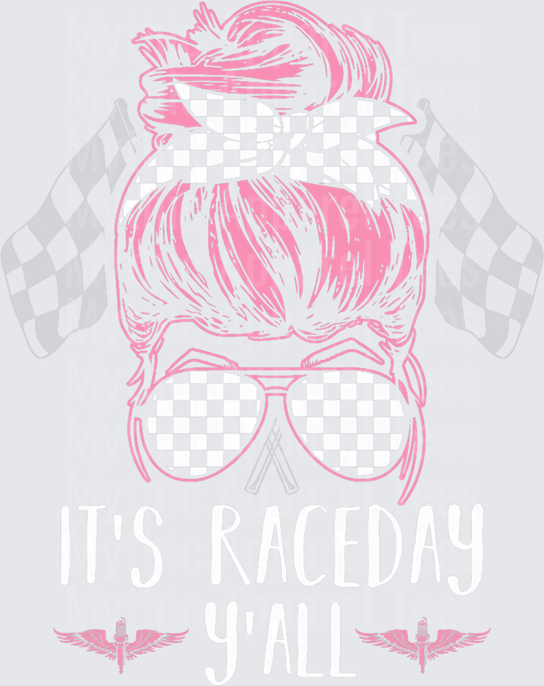 Pink Messy Bun Girl With Aviator Sunglasses Checkered Racing Flags It's Raceday Y'all Winged Spark Plugs