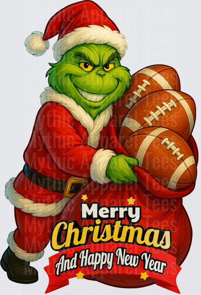 Grinch Football Grinch Santa Claus Holding Footballs Merry Christmas And Happy New Year