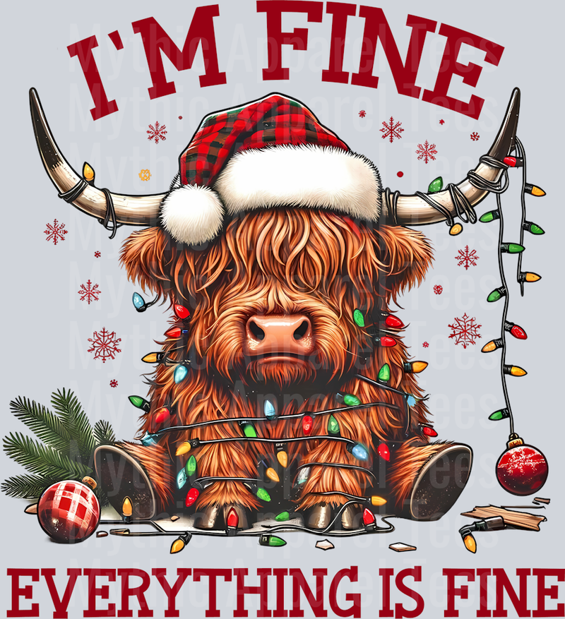 I'm Fine Everything Is Fine Red Words Highland Cow DTF Christmas Transfers