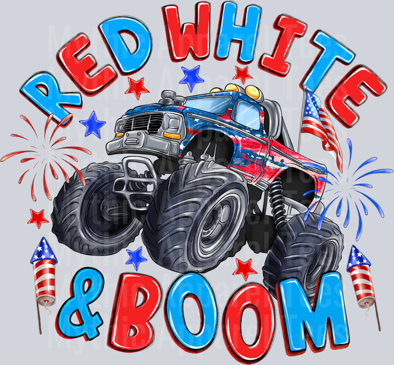 Red White and Boom Monster Truck Red White and Blue Patriotic DTF 4th of July Transfers
