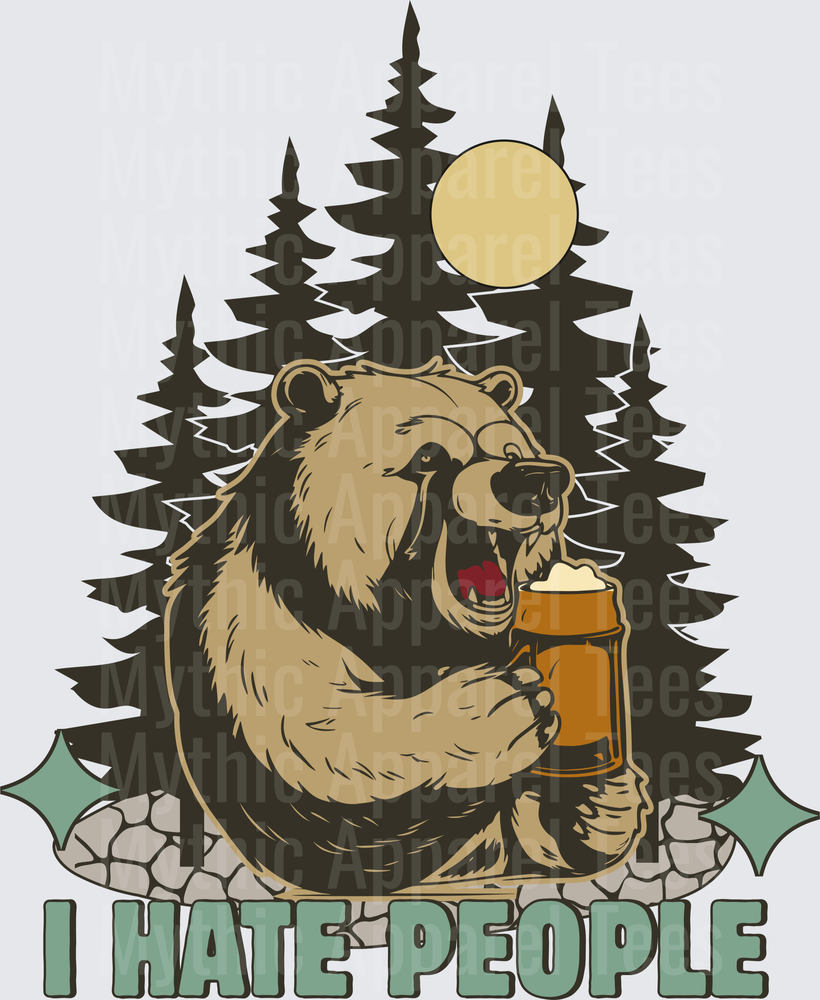Grizzly Bear Holding Beer Mug in Forest with Sun and Pine Trees I Hate People Funny Antisocial Camping