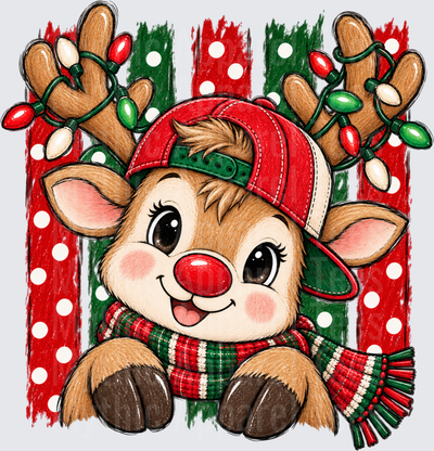 Cute Rudolph Red Nosed Reindeer Wearing Baseball Cap and Plaid Scarf with Christmas Lights on Antlers Red Green Polka Dot Striped Background