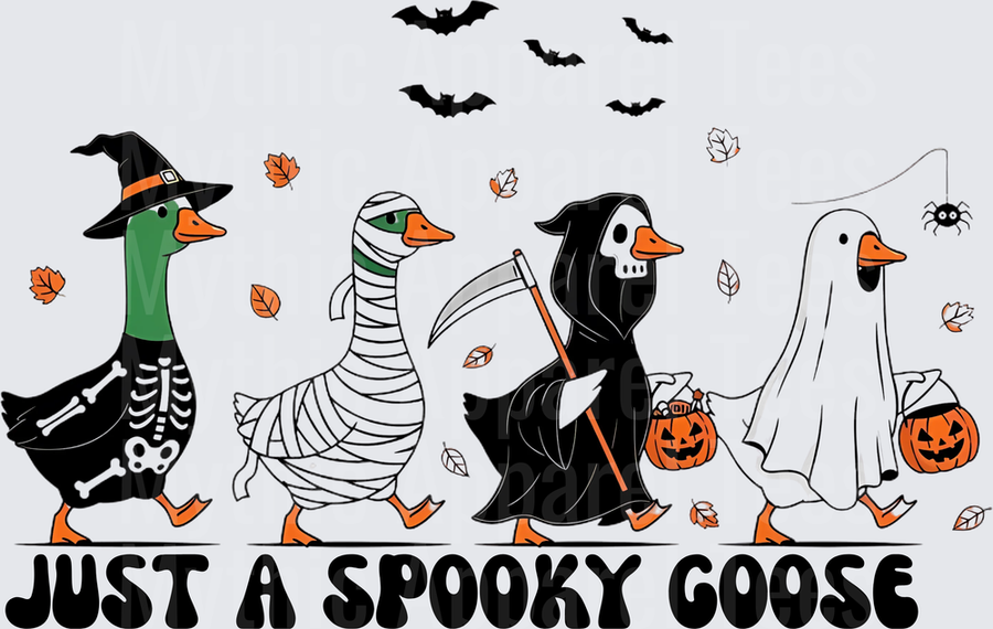 Just A Spooky Goose Halloween Costume Parade Witch Mummy Grim Reaper Ghost Geese with Bats Fall Leaves and Pumpkin Candy Buckets