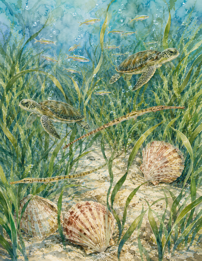 Ocean Animals Watercolor Sea Turtles Seagrass Shells Scene