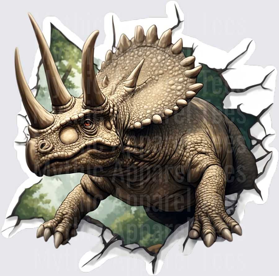 Realistic Triceratops Bursting Through Cracked Wall Jurassic Jungle Breakout