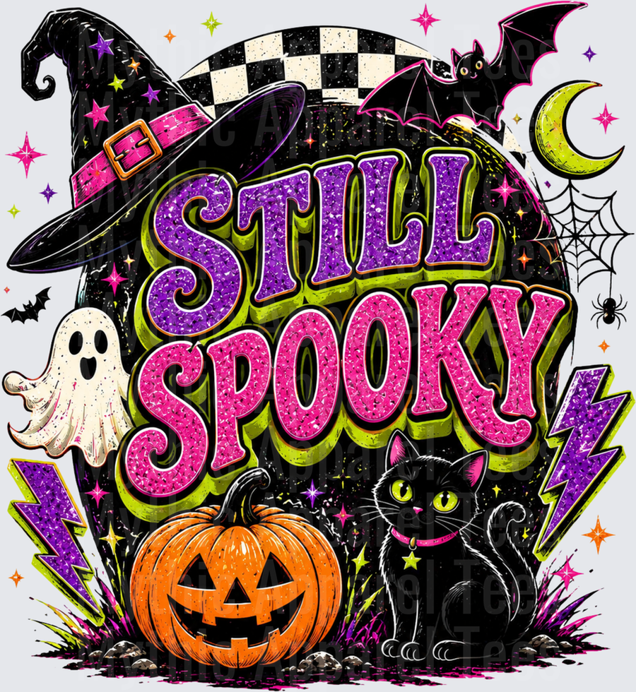 Halloween Still Spooky Glitter Text with Black Cat Jack-o-Lantern Ghost Bat Witch Hat Crescent Moon Spider Web Lightning Bolts