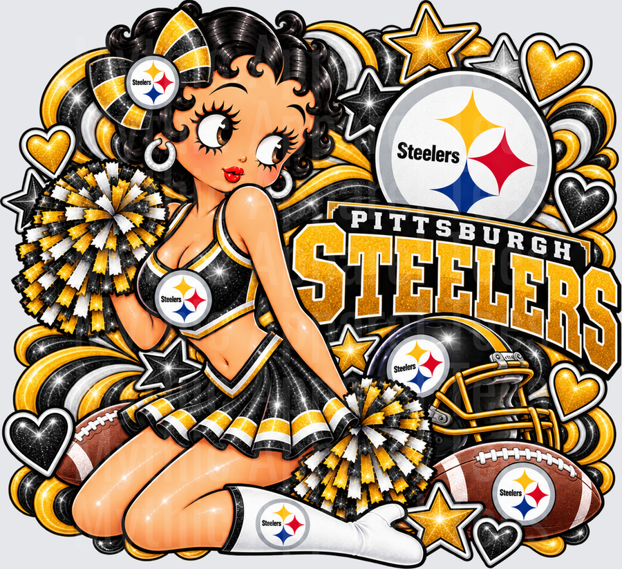 Betty Boop Pittsburgh Steelers Cheerleader Glitter Gold Black Pom Poms Football Helmet Stars Hearts Fan Design