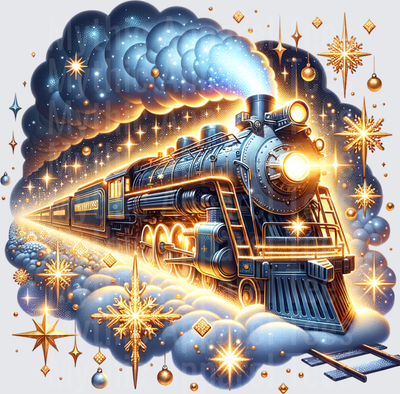 Magical Christmas Polar Express Steam Locomotive Glowing Gold Snowflakes Stars Holiday Night Sky