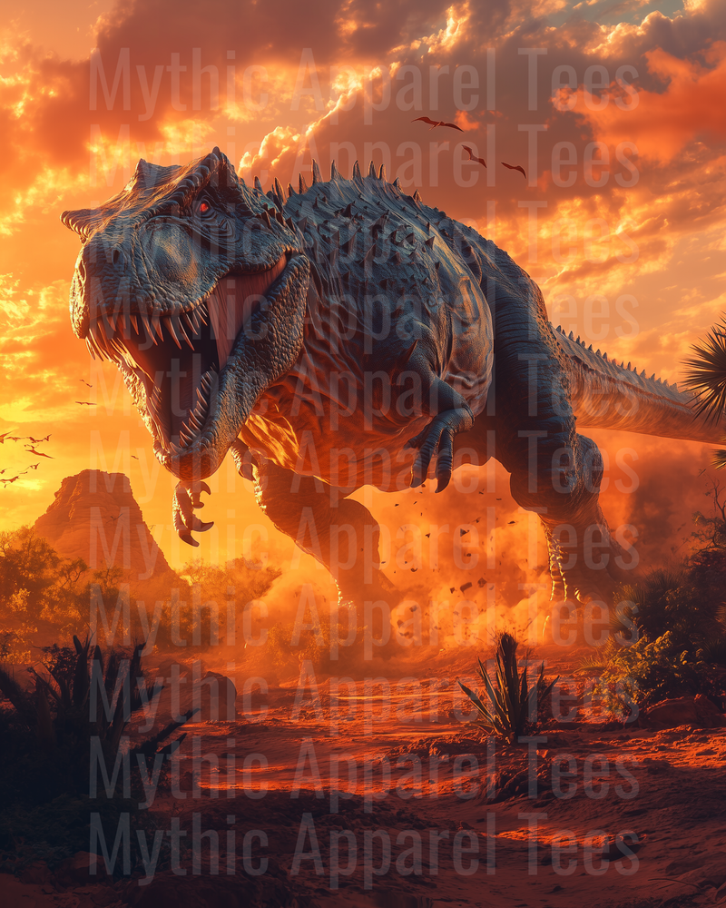 Ferocious T-Rex Charging Through Prehistoric Desert Landscape Fiery Orange Sunset Sky Pterodactyls Dust Cloud Explosion