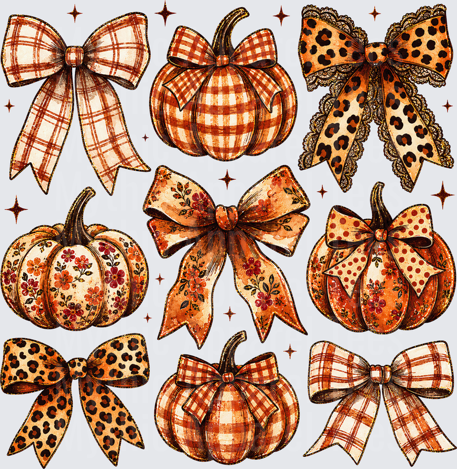Fall Designs Coquette Pumpkin and Bow Bundle Plaid Floral Leopard Polka Dot Autumn Pattern Collection with Sparkle Accents