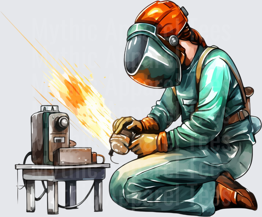 Female Welder in Orange Hard Hat and Face Shield Creating Sparks with Welding Equipment