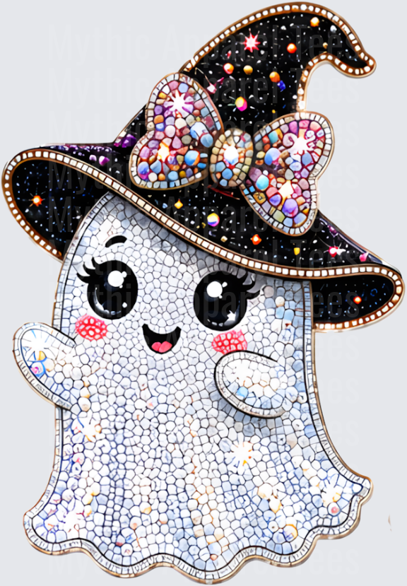Halloween Bling Cute Kawaii Ghost with Sparkly Witch Hat and Coquette Bow Diamond Mosaic Art