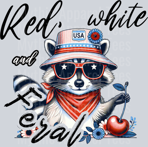 Red white and feral Racoon with cherry DTF Patriotic Transfers