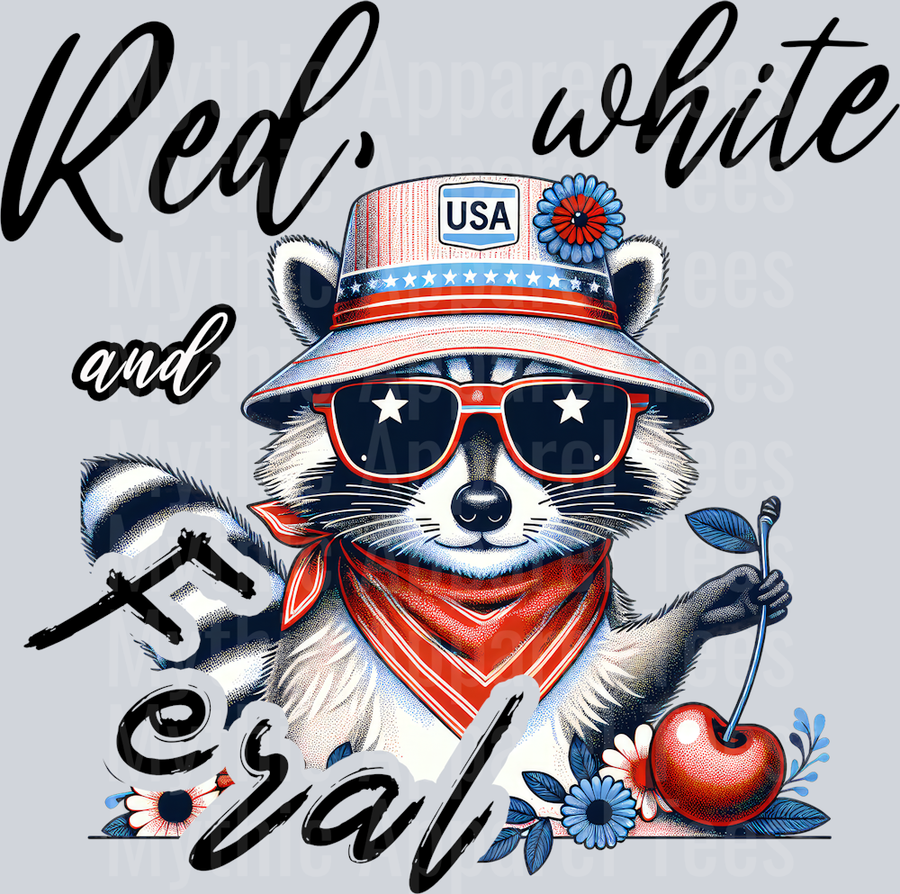 Red white and feral Racoon with cherry DTF Patriotic Transfers