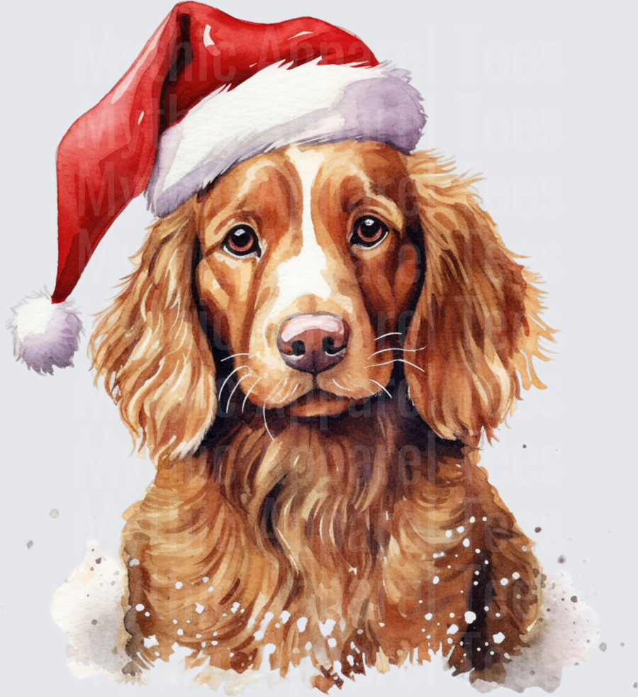 Watercolor Cocker Spaniel Wearing Santa Hat in Snow Christmas Holiday Dog Portrait