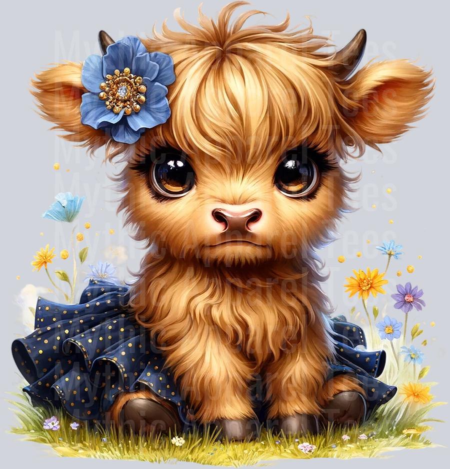 Cute Highland Cow Baby Black Dark Blue and Yellow Flowers DTF Precious Highland Cow Transfers