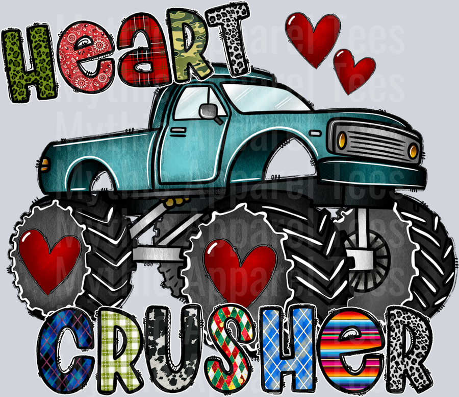 Heart Crusher Monster Truck DTF Valentines Day Transfers