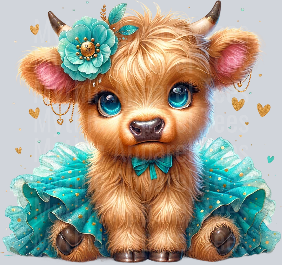 Cute Highland Cow Baby Aqua Tutu Flower in Hair DTF Precious Highland Cow Transfers