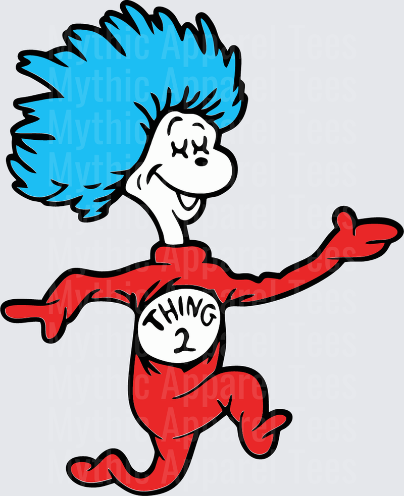 DR Seuss Thing 2 Blue Hair Red Jumpsuit Jumping Pose