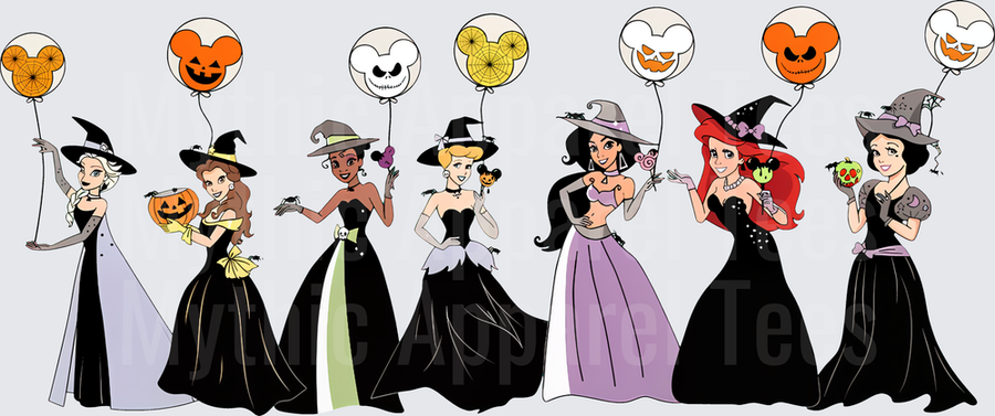 Disney Princesses Halloween Witch Costumes Black Gowns with Mickey Balloon Group Elsa Belle Tiana Cinderella Jasmine Ariel Snow White