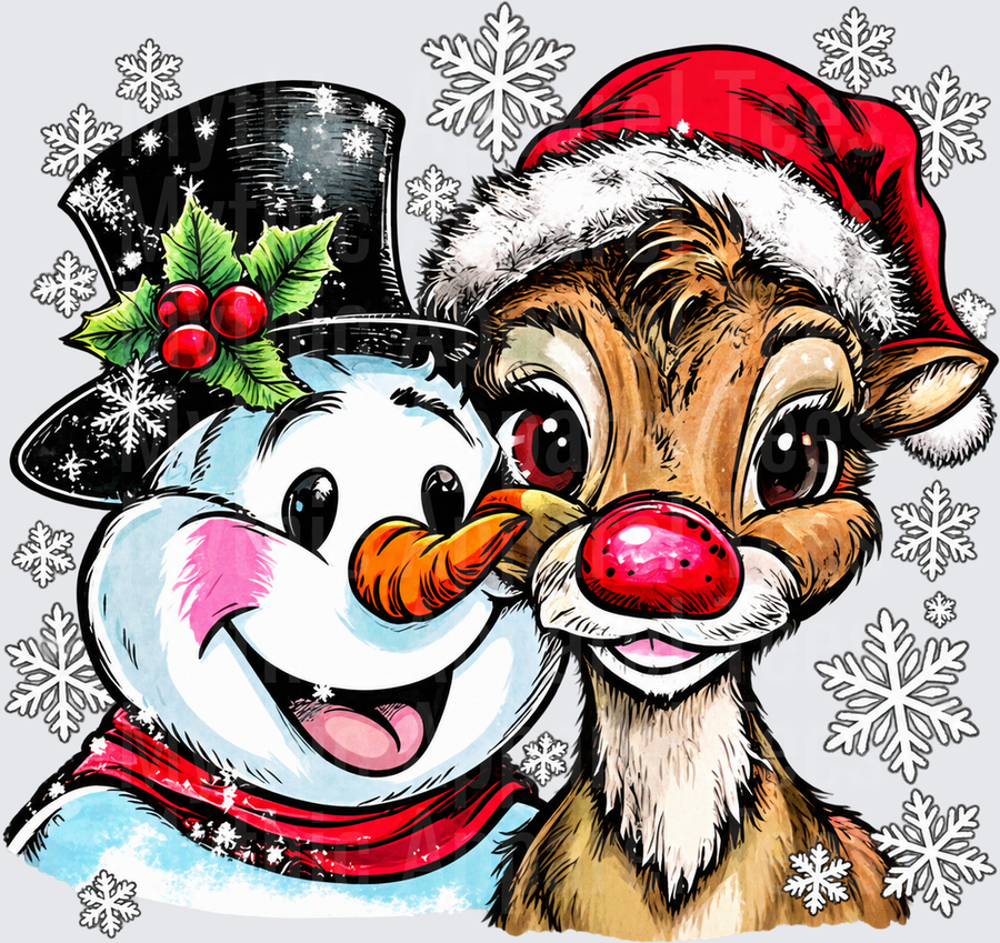Frosty the Snowman and Rudolph the Red-Nosed Reindeer Christmas Friends Selfie with Snowflakes
