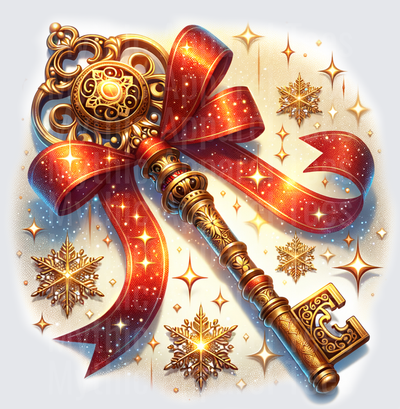 Ornate Gold Vintage Skeleton Key with Red Satin Bow Gold Snowflakes and Sparkling Stars Christmas Magic Polar Express Inspired