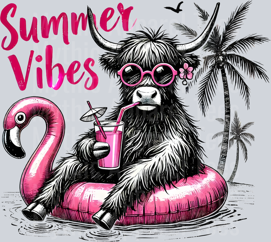 Summer vibes grey tone highland cow with pink flamingo floaty DTF Summer Transfers