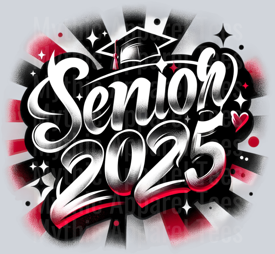 0023 Senior 2025 Airbrushed Red and Black DTF 2025 Senior Graduation Transfers