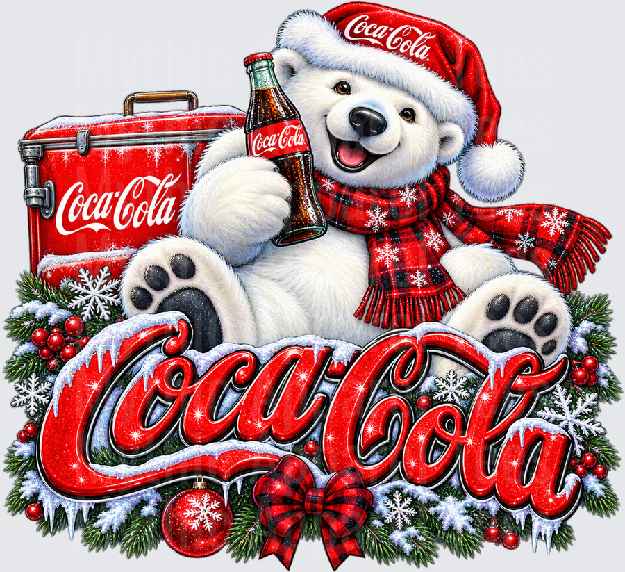 Coca-Cola Christmas Polar Bear Holding Classic Bottle with Santa Hat Plaid Scarf Red Cooler Holiday Greenery Icy Logo Design