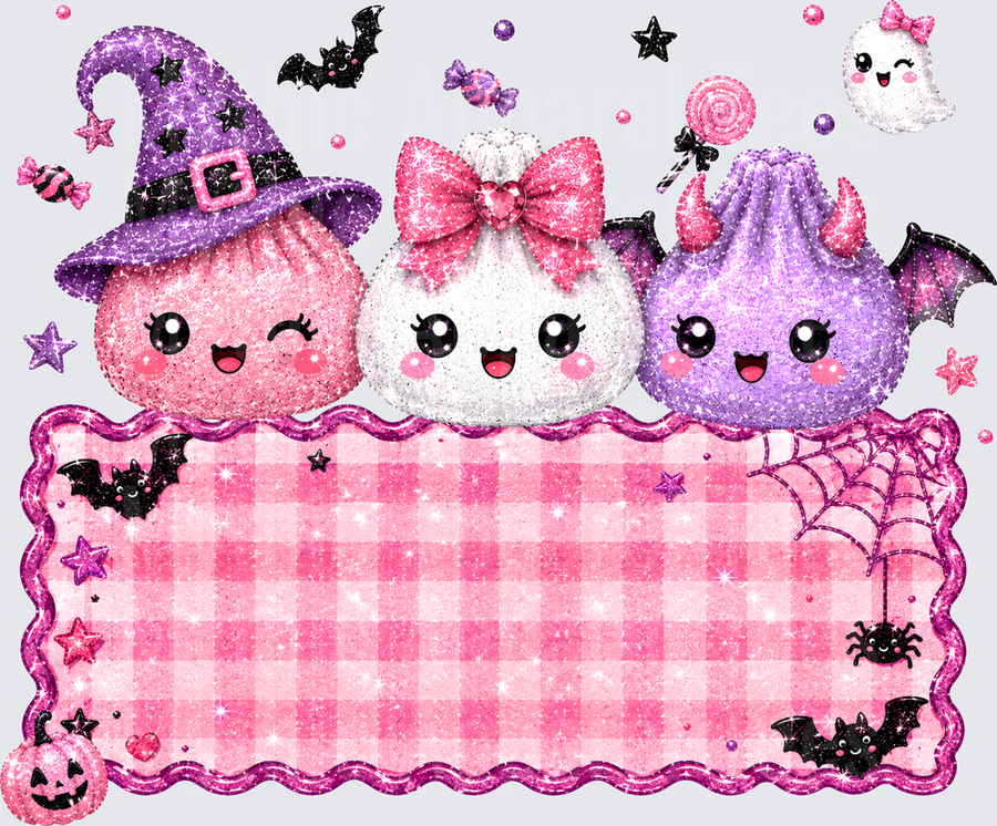 Create Dumplings Cute Kawaii Halloween Glitter Pink Purple Witch Ghost Bat Trio with Blank Name Sign Banner Bats Spider Web Pumpkin Candy