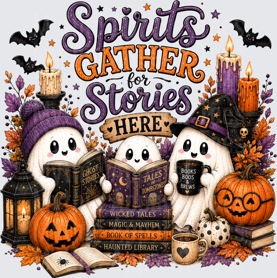 Spirits Gather For Stories Here Cute Ghost Trio Reading Halloween Books with Jack-O-Lanterns Candles and Bats