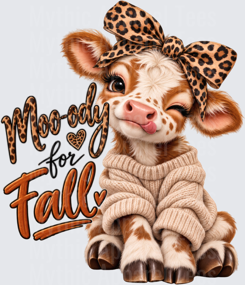 Moo-ody for Fall Cute Baby Highland Cow with Leopard Print Bow and Cozy Sweater Winking Tongue Out