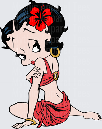 Betty Boop Tropical Hula Girl Red Hibiscus Flower Gold Hoop Earrings Seated Pose