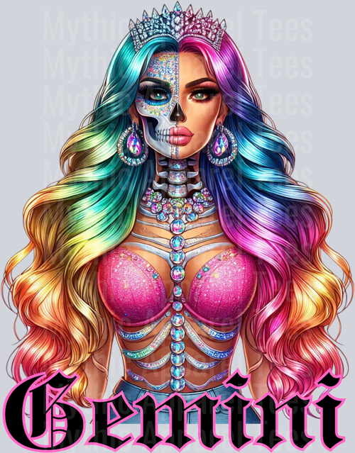 Gemini Glam Skull Girl Horoscope DTF Zodiac Sign Transfers