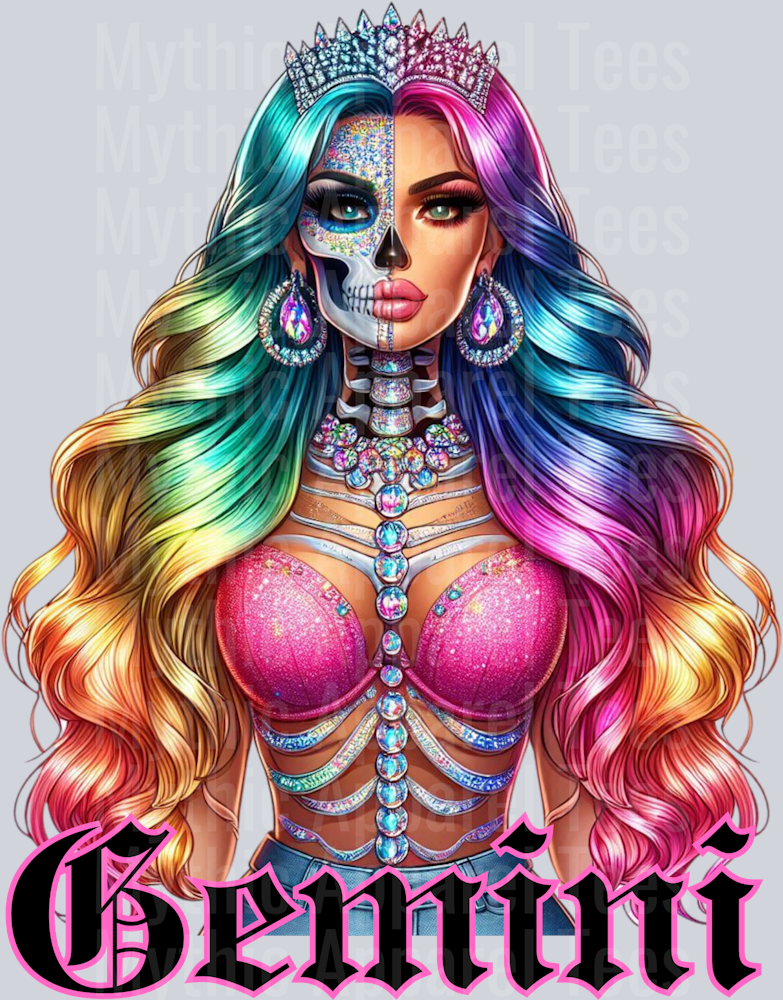 Gemini Glam Skull Girl Horoscope DTF Zodiac Sign Transfers