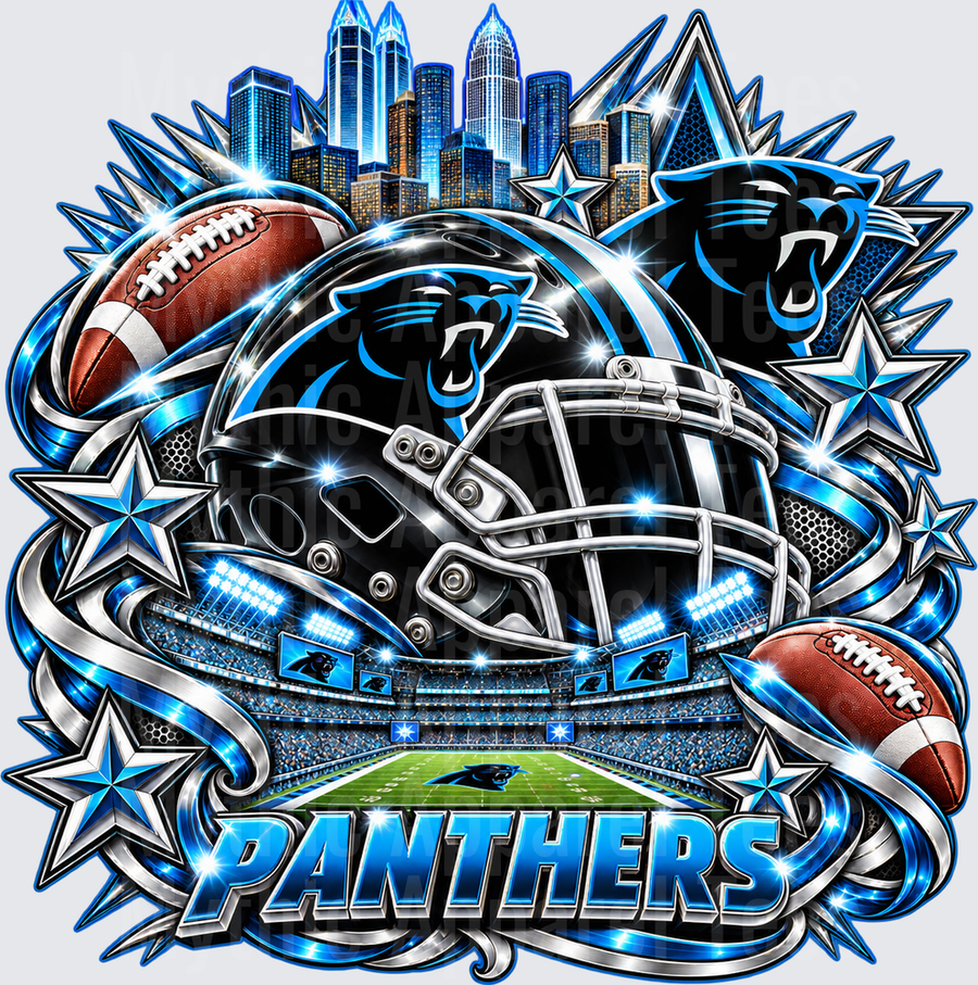Carolina Panthers Black Helmet Stadium Skyline Glowing Blue Silver Stars Football Collage