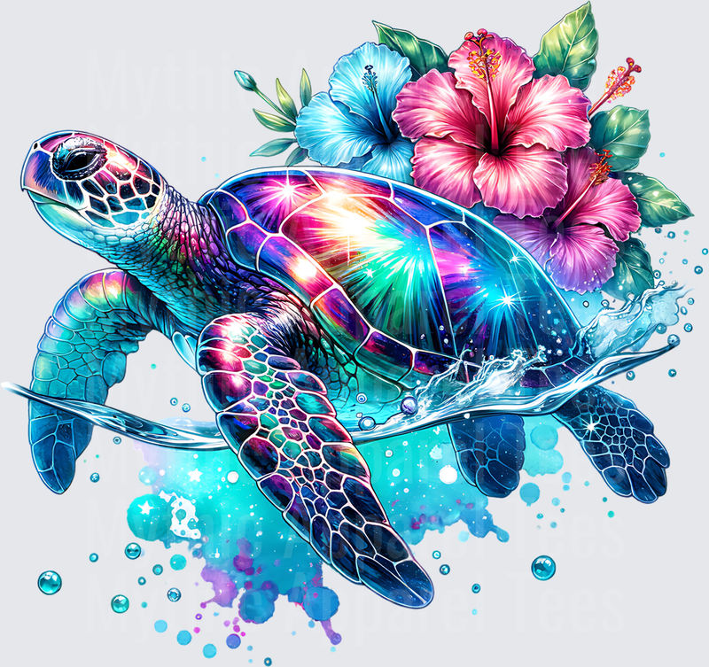Ocean Animals Galaxy Sea Turtle With Tropical Hibiscus Flowers